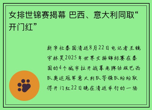 女排世锦赛揭幕 巴西、意大利同取“开门红”